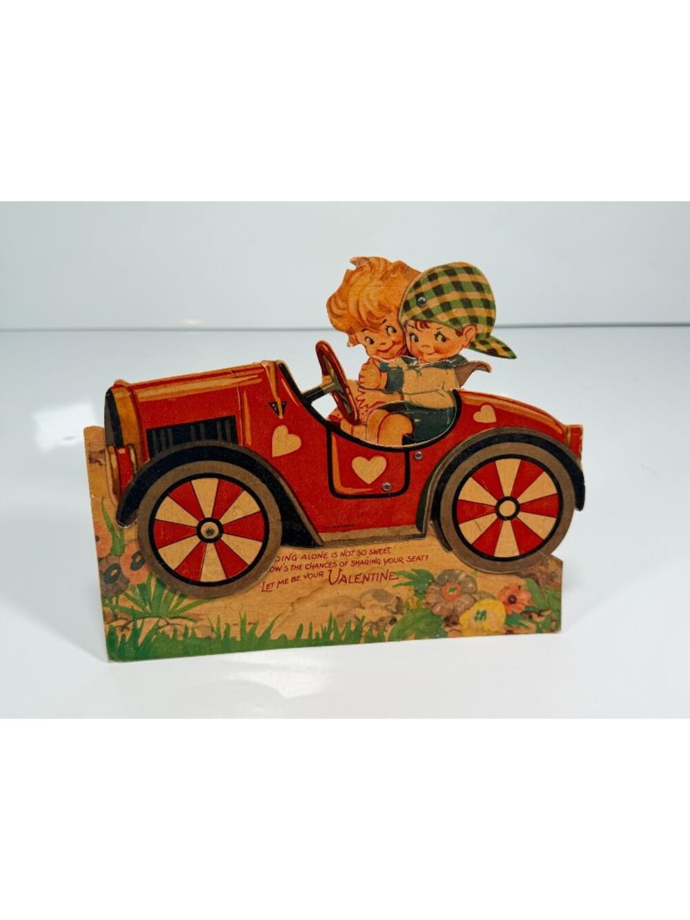 Antique Mechanical Valentine Card Children Red Car Hearts Movable Parts 1930s